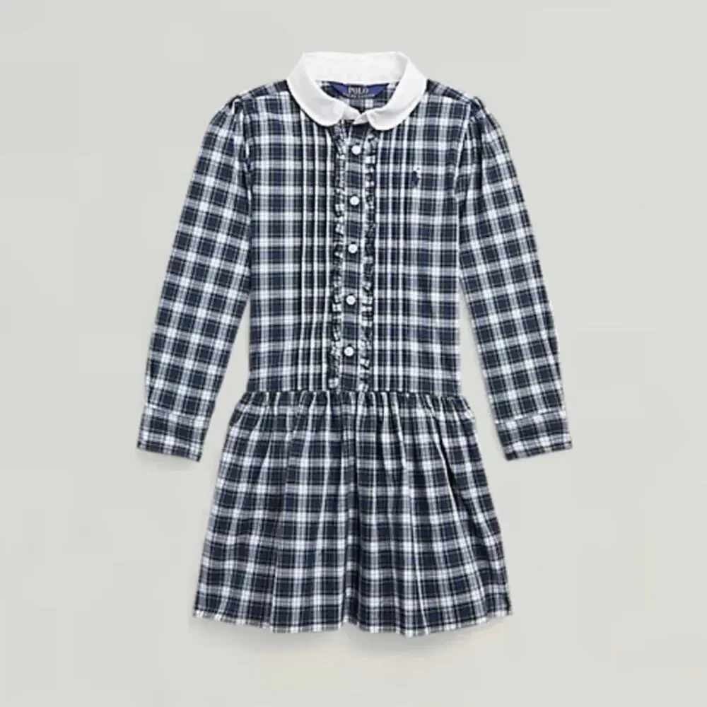 POLO Ralph Lauren Girls Navy Blue Green Plaid Stretch Poplin Shirt Button Dress